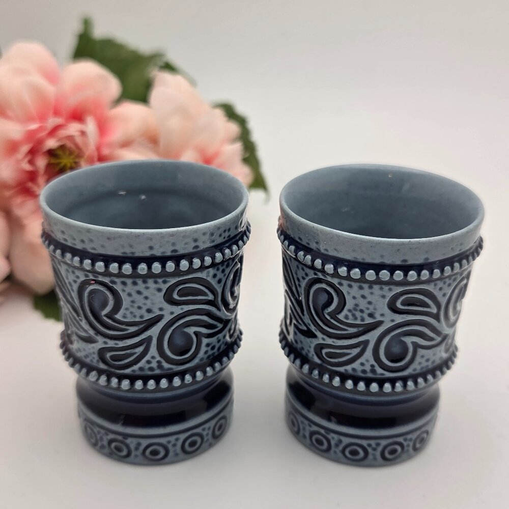 Vintage Blue Salt Glaze Stoneware Shot Glasses